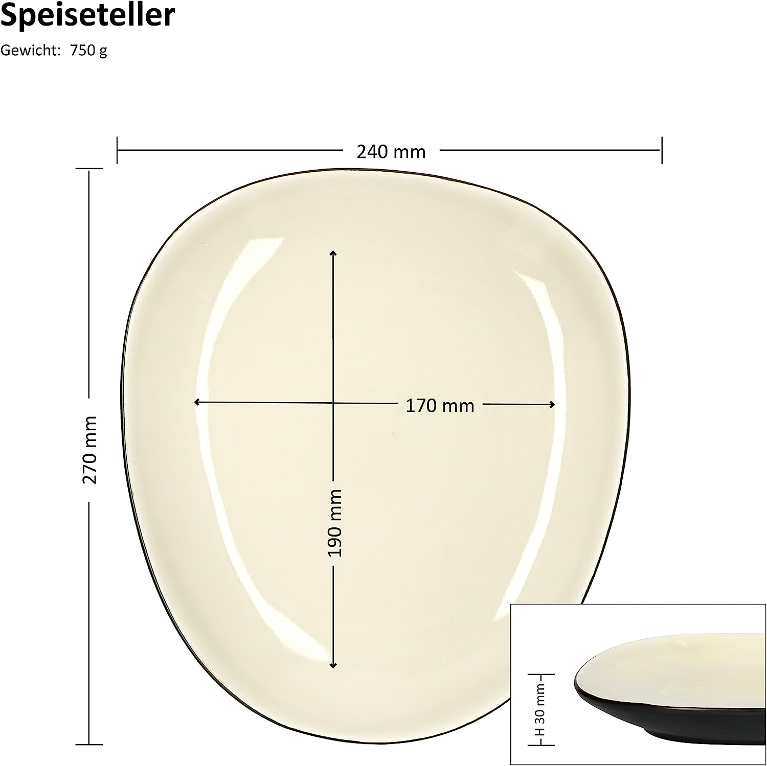 Van Well Elements 6-Piece Dinner Plate Set | Large Menu Plates | Elegant Crockery Collection | Stoneware Glazed | Colour: Cream-Black