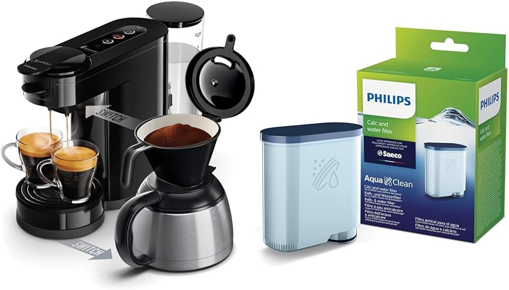 Philips Senseo Switch Pad and Filter Coffee Machine, 2-in-1 Brewing Technology & Water Filter for Espresso Machine, No Descaling up to 5000 Cups, Single Pack