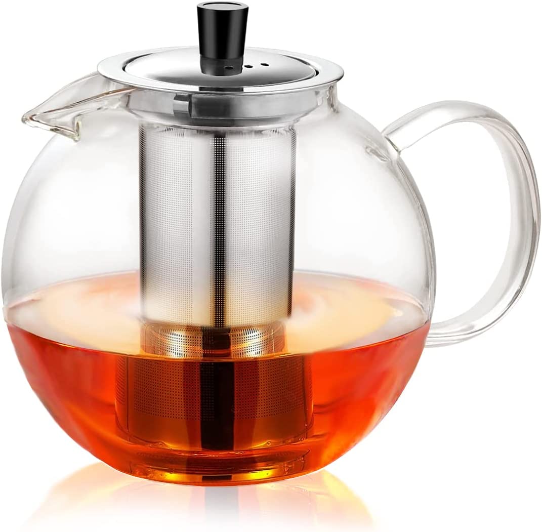 Ehugos Glass Teapot with Strainer Insert, 1500 ml Glass Teapot Heat Resistant High Quality Tea Maker for Cold and Hot Drinks Dishwasher Safe