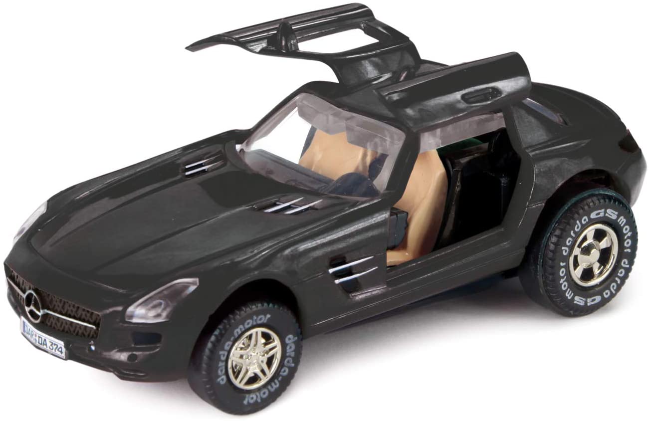Darda 50376 Car Mercedes Benz SLS AMG Racing Car with Interchangeable Pull-Out Motor, Vehicle with Wind-Up Motor, Recoil Car for Racing Tracks, Racing Car for Children from 5 Years, Approx. 8 cm, Black
