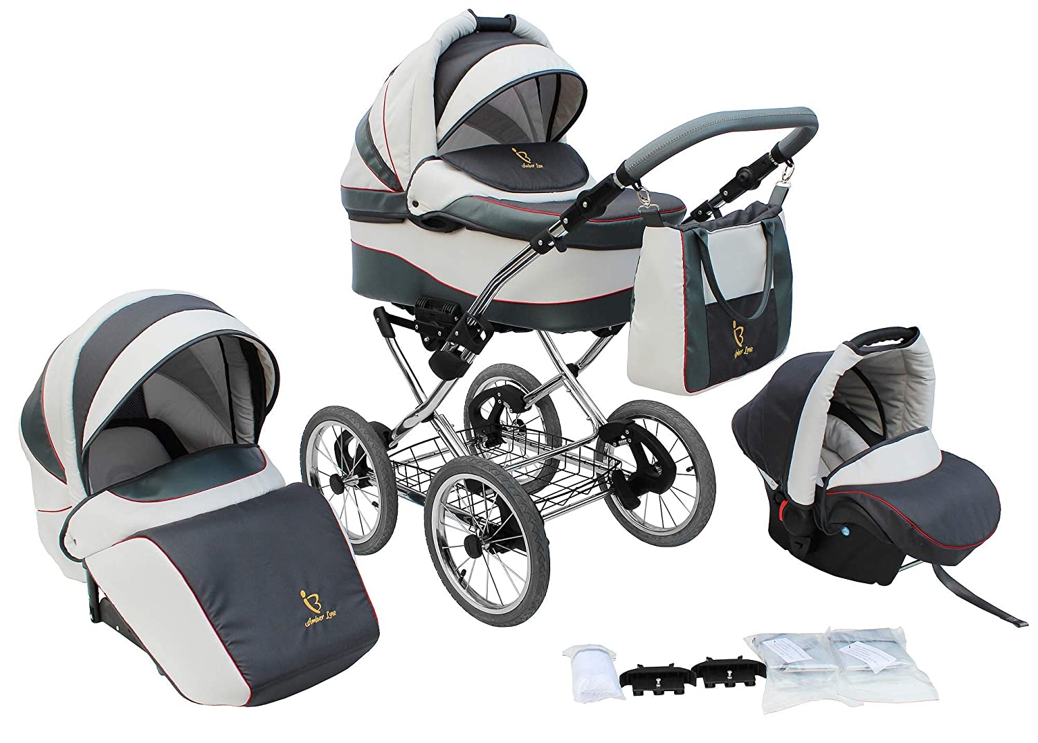 SKYLINE Classic Retro Style Combination Pram Buggy 3-in-1 Travel System Car Seat (Isofix) (Grey/14 Inch Air Tyres)