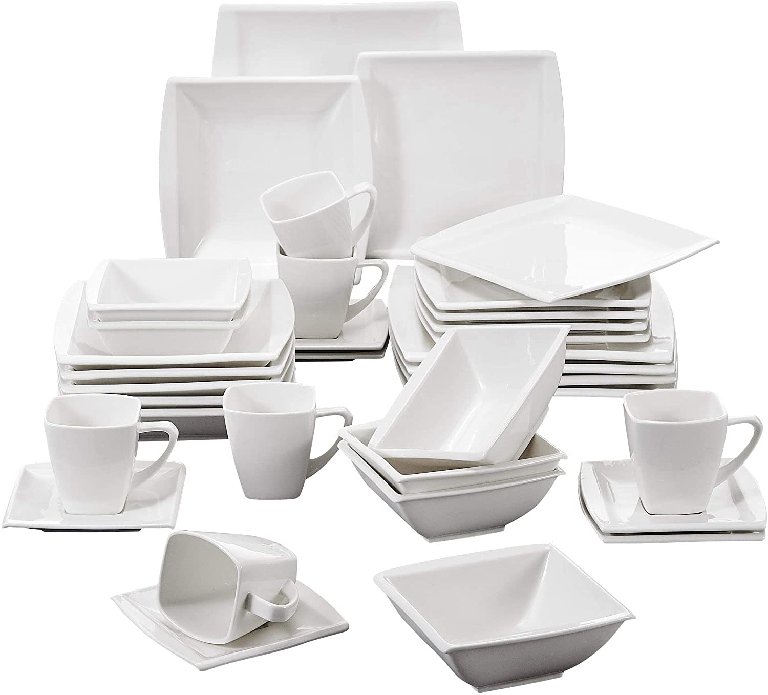 MALACASA, Blance Series 36 Pieces Cream White Porcelain Dinner Service Coffee Service with Cereal Peels for 6 People