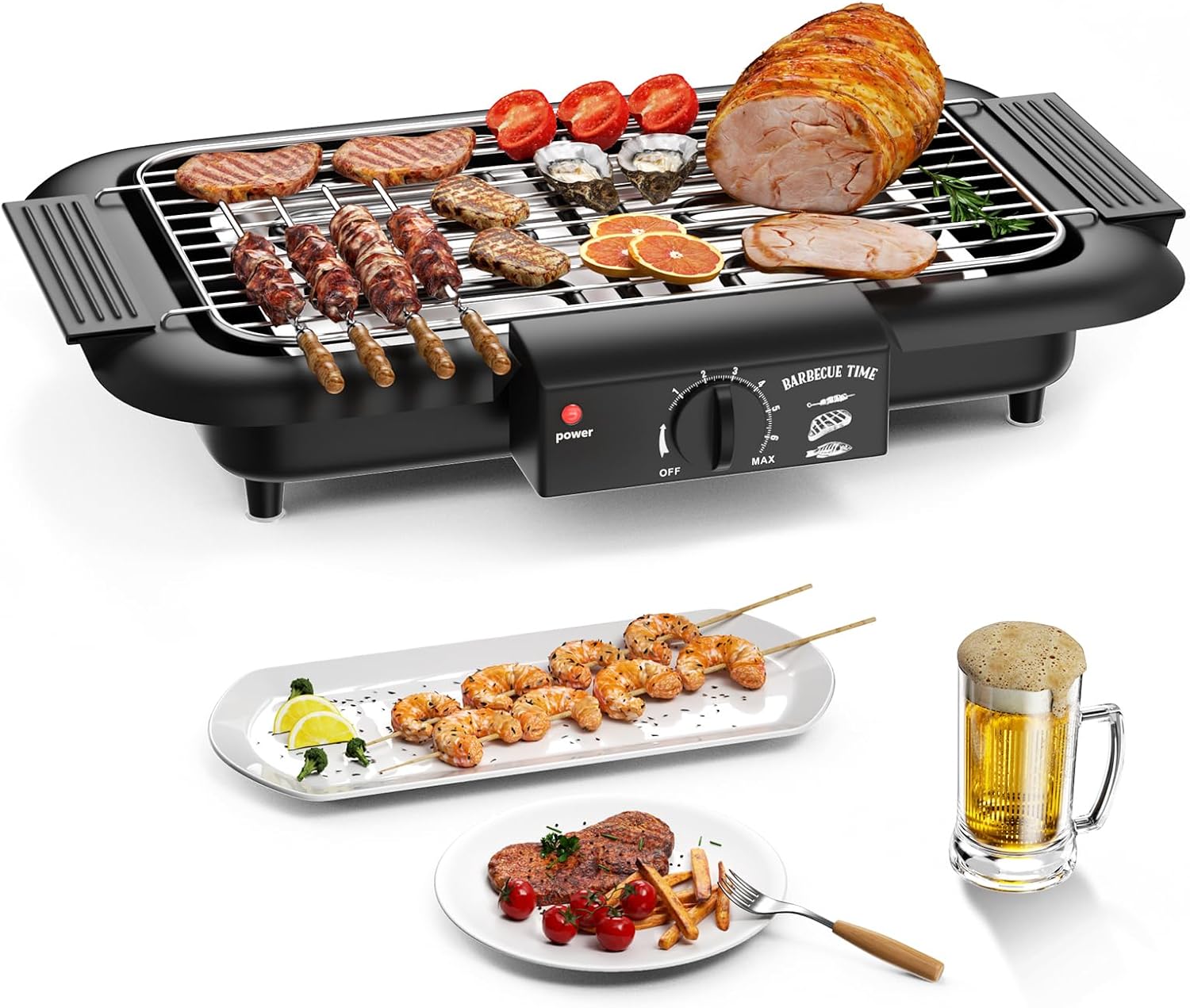Electric Grill Table Grill Electric, Electric BBQ Grill, Smokeless Non-Stick Indoor/Outdoor Grill, 2000 W Double Tube Portable Removable Stand Grill of High Power (Classic Black)
