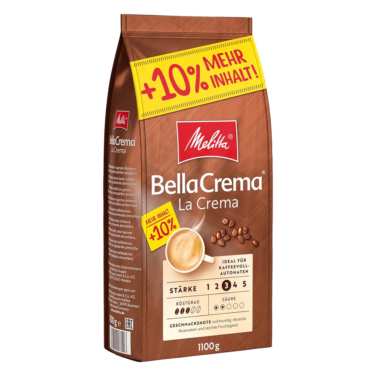 Melitta Bellacrema la Crema entire coffee beans 1.1kg, uncomfortable, coffee beans for fully automatic coffee, medium roasting, roasted in Germany, strength 3