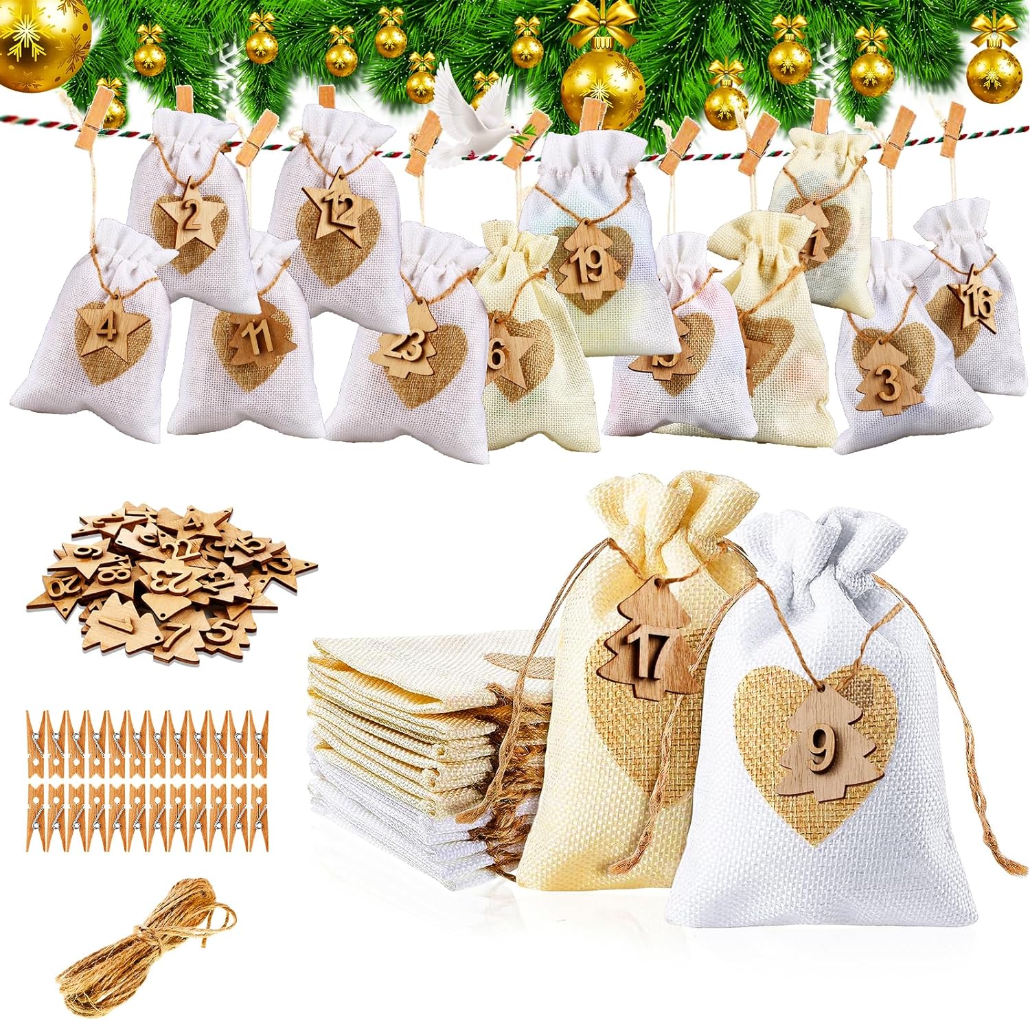 Advent Calendar for Filling Fabric, 24 Advent Bags Calendar, Jute Bags Advent Calendar, Large Advent Calendar Bags, Christmas Advent Calendar Bags Calendar String (Akuan)
