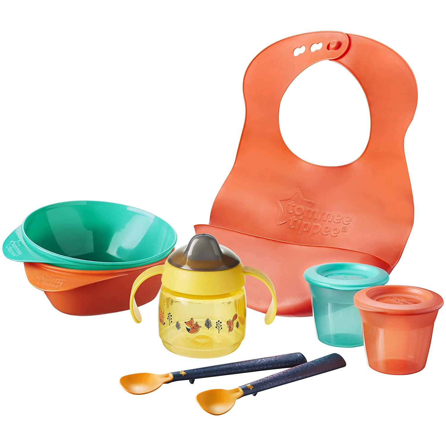 Tommee Tippee Toddler Weaning Set with Bowls and Spoons, Silicone Bibs, 100% Leak-proof Drinking Cups and Food Containers, from 4 Months
