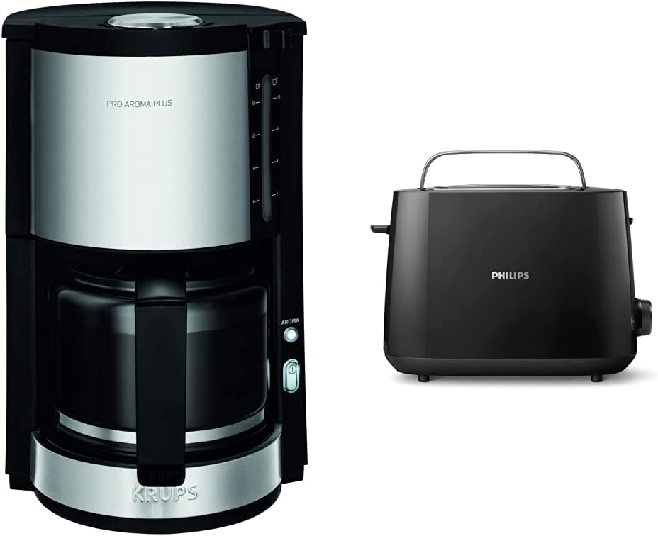 Krups KM3210 Pro Aroma Plus Filter Coffee Machine | 10 Cups | 1.25 L Black with Stainless Steel Applications & Philips HD2581/90 Toaster, Integrated Bun Attachment, 8 Browning Levels, Black