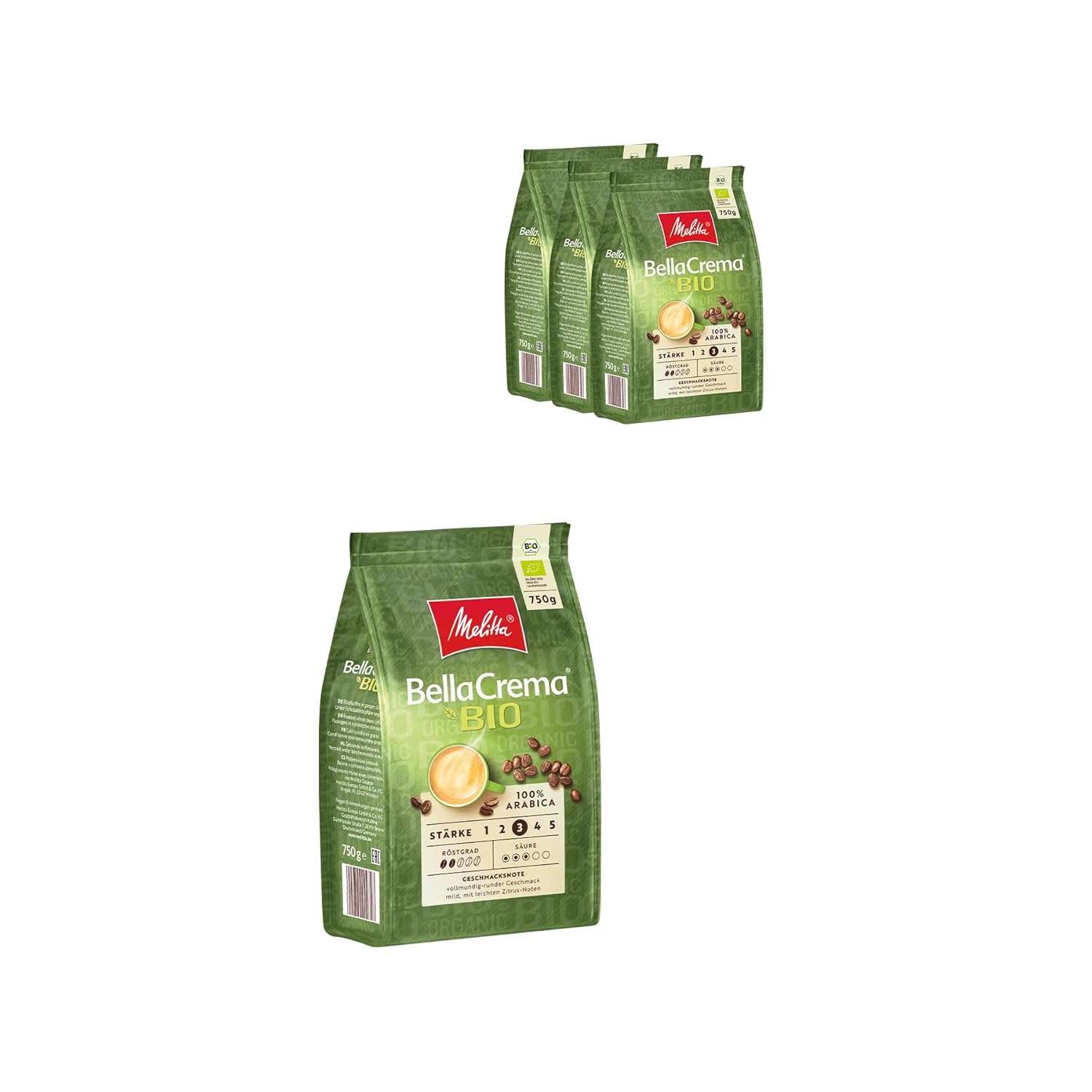 Melitta BellaCrema Organic Whole Coffee Beans 4 x 1 kg, Unground, Coffee Beans for Fully Automatic Coffee, Mild Roasting, Roasted in Germany, Strength 3, in Tray