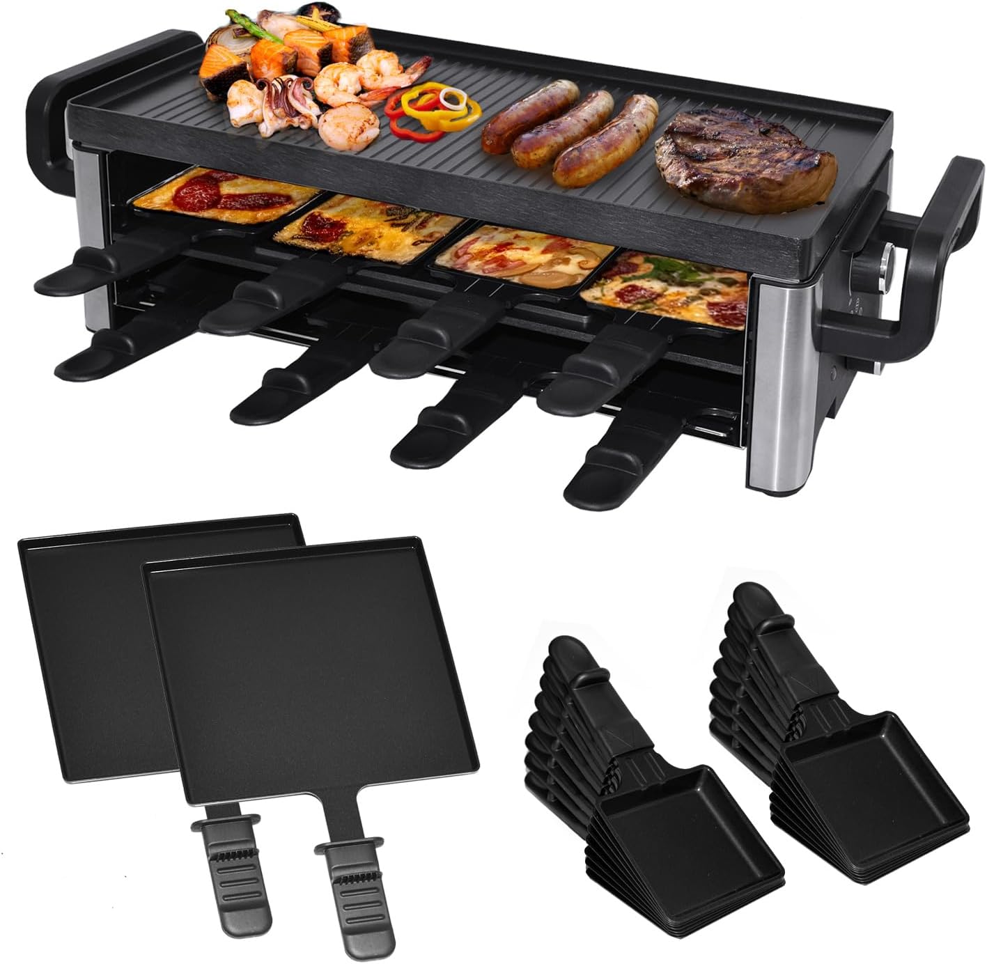 Syntrox Germany 16 Person Raclette Table Grill Pizza Grill Pan Enamelled for Large Groups Robust and Durable Stainless Steel Black Look