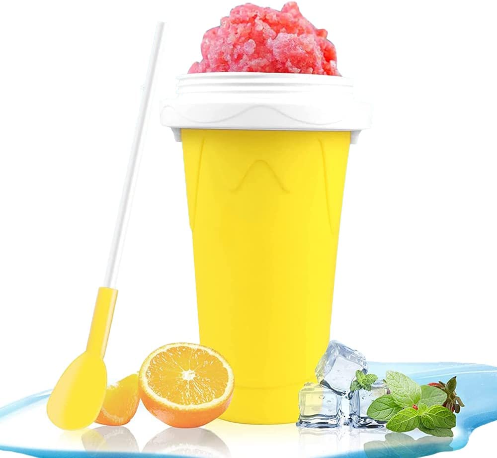 Ribiil Magic Slushy Maker Squeeze Cup, Frozen Magic Slushy Maker with 2 in 1 Straw and Spoon, Freeze Portable Squeeze Cup, Frozen Smoothies Cup for Everyone (Yellow)