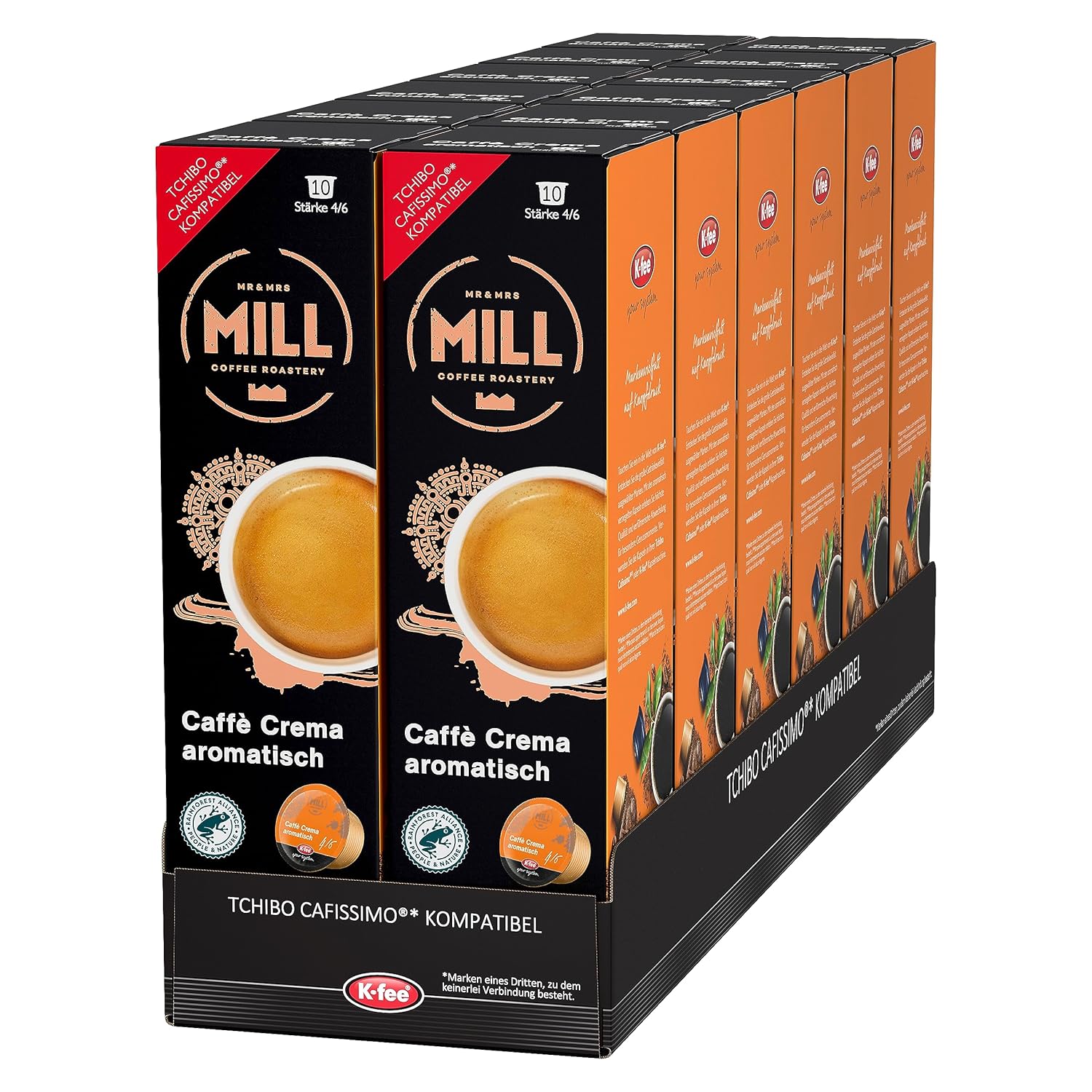 Mr & Mrs Mill Coffee Capsules Caffè Crema Aromatic, Strength 4/6, Compatible with K-fee & Tchibo Cafissimo*, Rainforest Alliance Certified, 120 Capsules (12 x 10)
