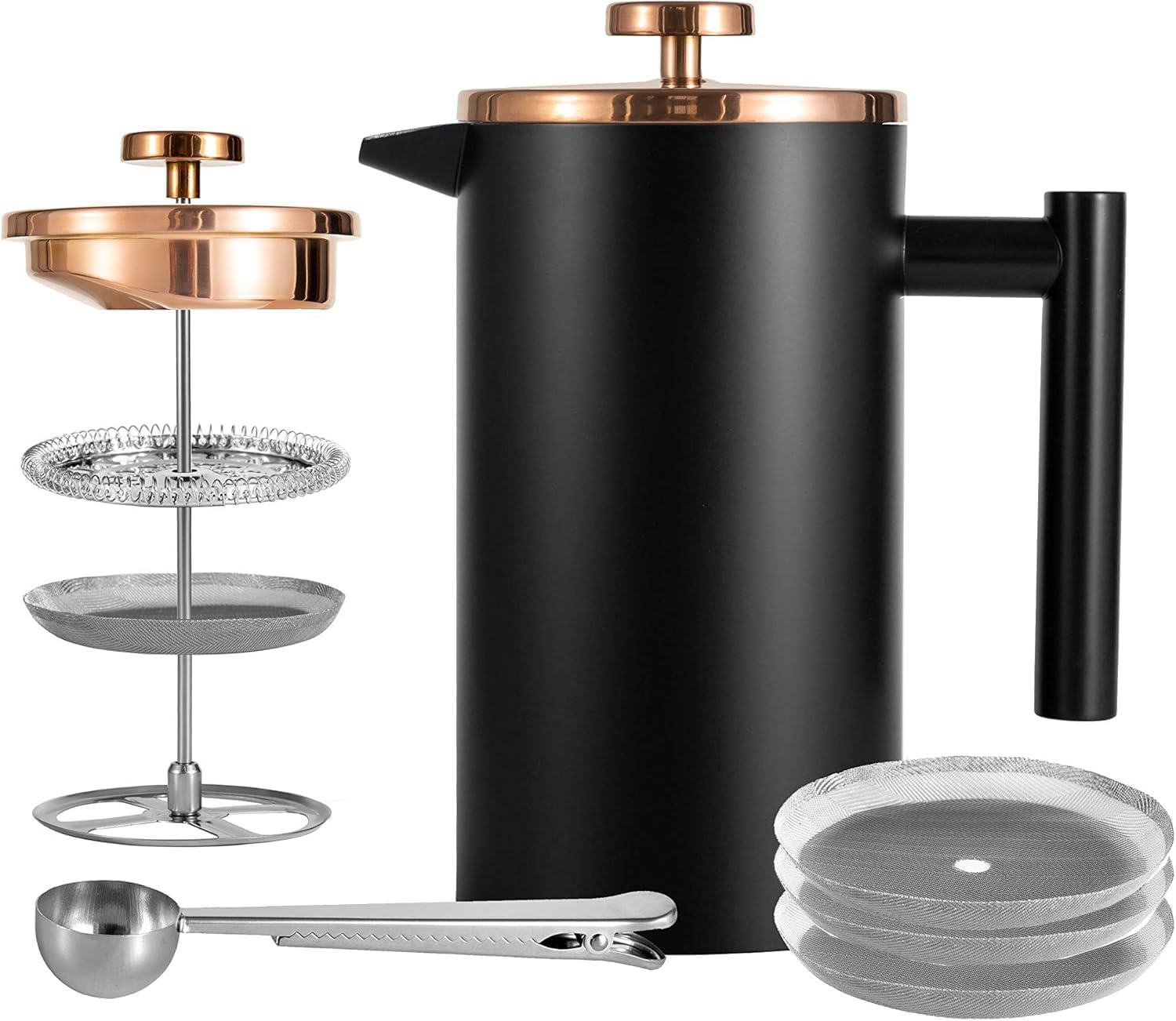 Wrobic French Press Coffee Maker 0.35 Liters Small Double Walled Stainless Steel French Coffee Press Including Replacement Filter 350 ml 2 Cups Black