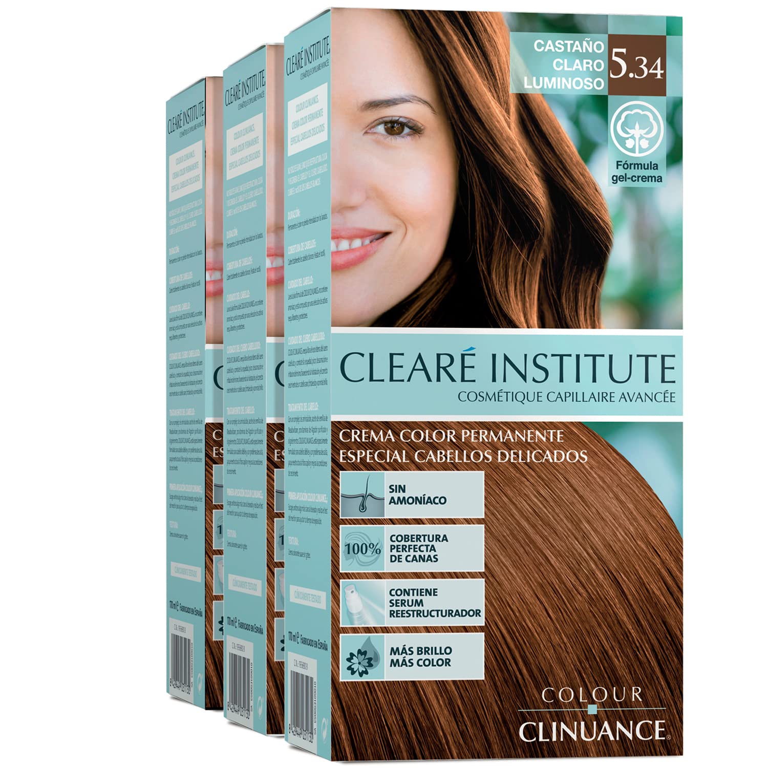 CLEARÉ INSTITUTE Clinuance Permanent Colouration without Ammonia Sensitive Hair 170 ml (x3), ‎5.34 chestnut light hazelnut brown