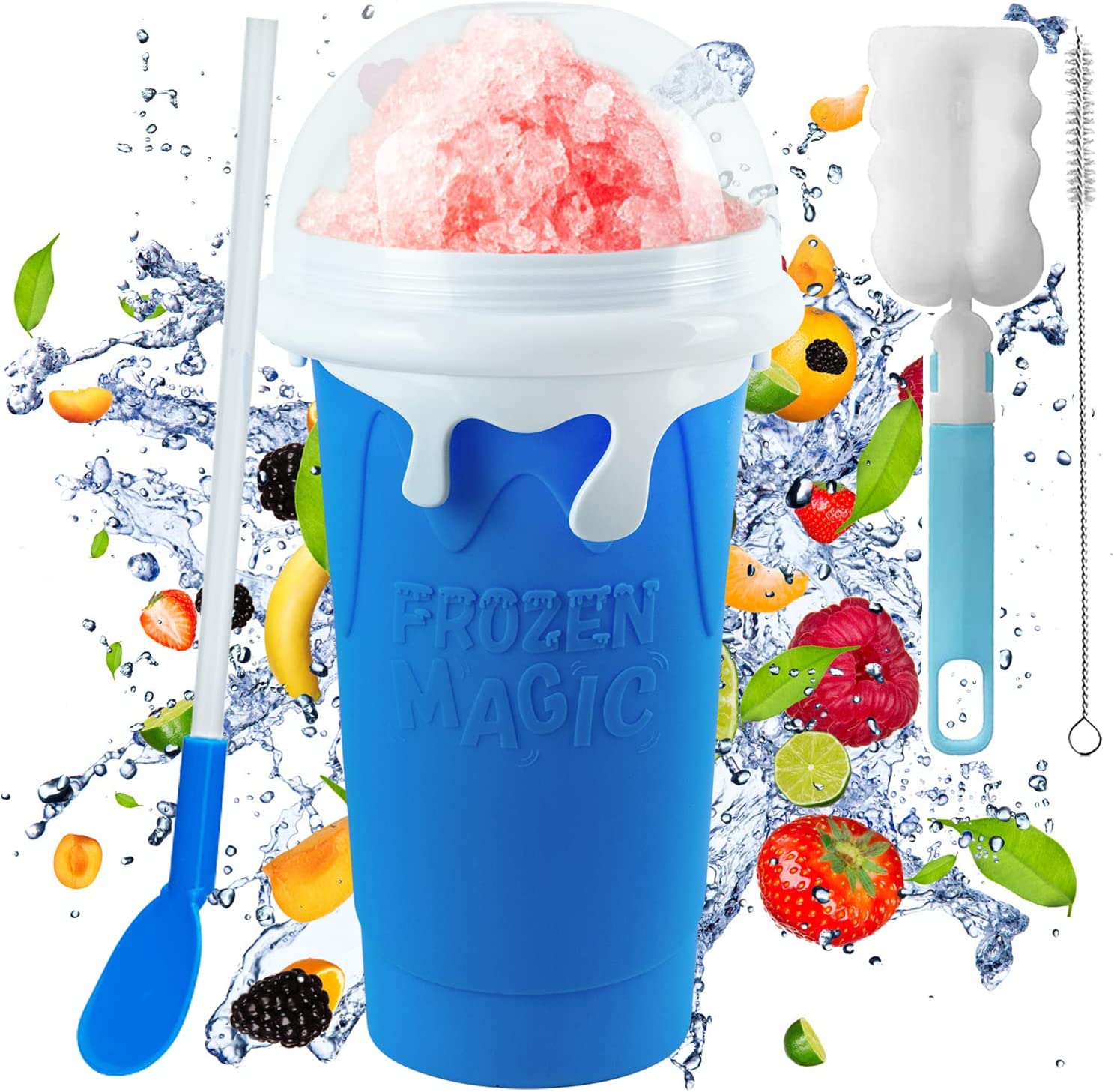 500 ml Slush Cup Silicone Squeeze Cup Slush Ice Cream Cup for Kneading Reusable Portable Quick Frozen Smoothies Cup with Straw Spoon for Delicious Slush Ice Cream for Children and Family