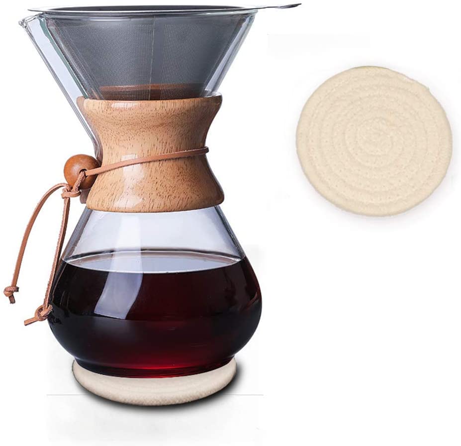 OKCLOD Wood Neck Pour Over Coffee Machine with Permanent Filter and Coaster, 800ml