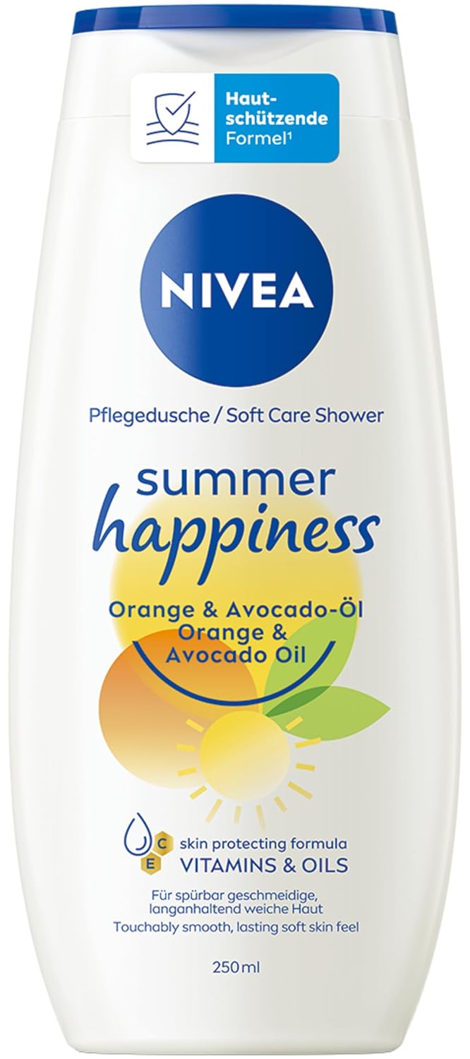 NIVEA Summer Happiness nourishing shower, pH skin-neutral shower gel with valuable avocado oil, moisturizing cream shower with fruity orange blossom scent (250 ml)
