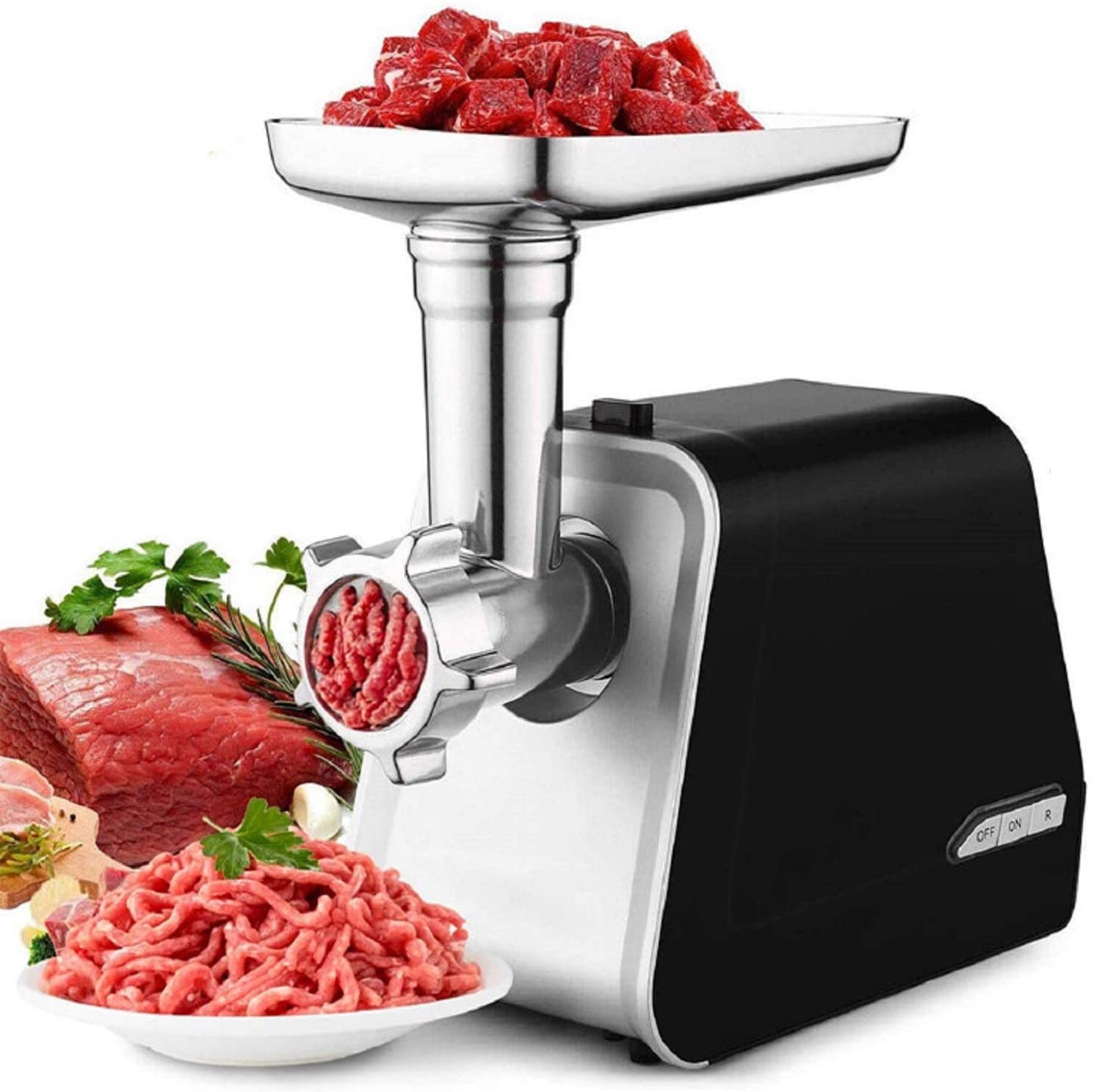 Nictemaw Electric Meat Mincer with 3 Stainless Steel Grinding Plates, Cubbe, Sausage Filling Pipes, Meat Mincer Electric Stainless Steel 2000 W Max, Black