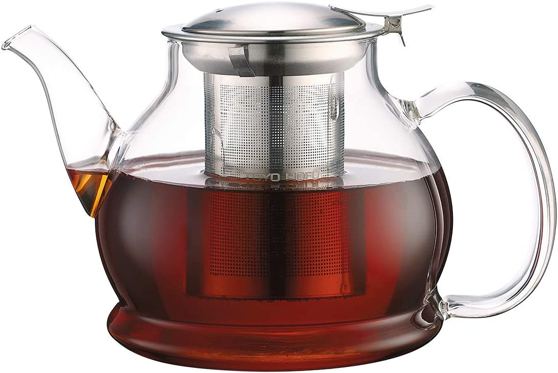 TOYO HOFU Glass Teapot with Strainer Insert, Removable Cover and Filter, Dishwasher Safe, High-Quality Borosilicate Glass, Heat-Resistant Borosilicate Glass, Thick Glass Tea Maker, 1100 ml