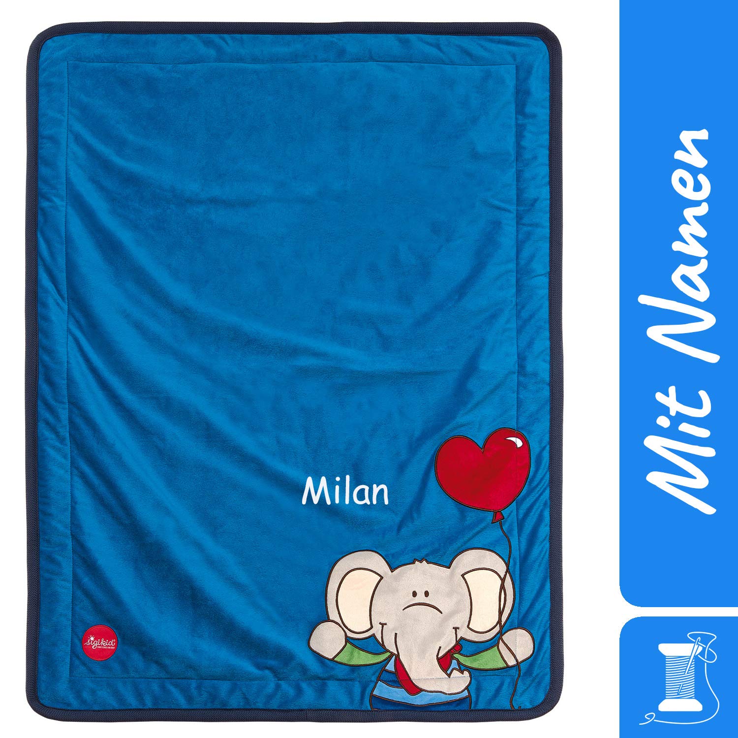 Sigikid 41557 Elephant Blanket with Embroidered Name Children\'s Personalised 75 x 100 cm Boy Lolo Lombardo Blue