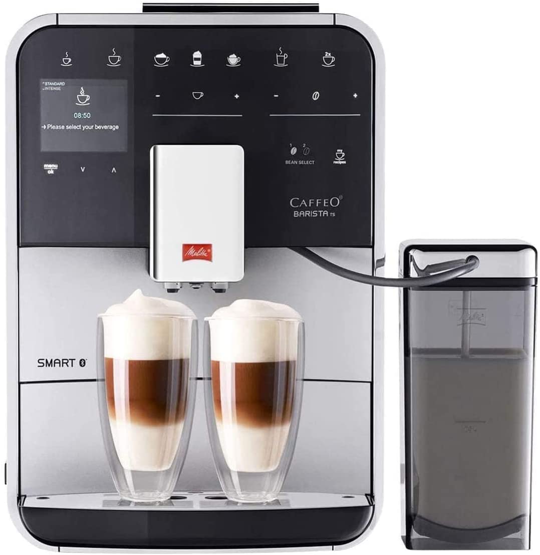 Melitta Caffeo Barista TS Smart F850-101 Fully Automatic Coffee Machine with Milk Container Smartphone Control with Connect App One Touch Function Pro Aqua Filter Technology Silver