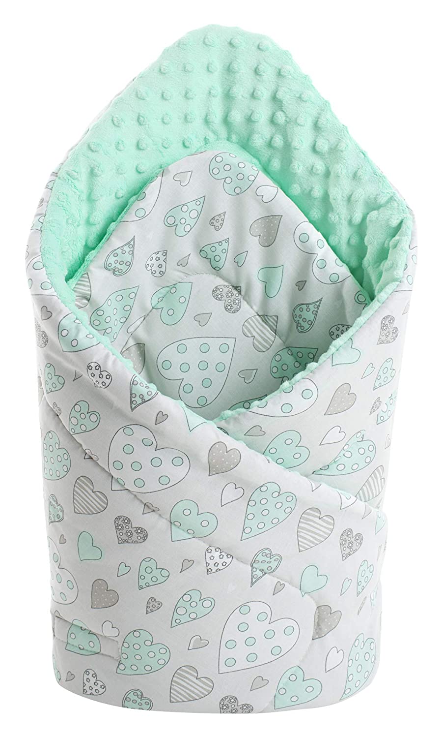 Swaddling blanket plug-in pillow Minky 100% cotton 75 x 75 cm sleeping bag double sided soft all year round multifunctional anti-allergic baby media partners (mint hearts with mint minky)