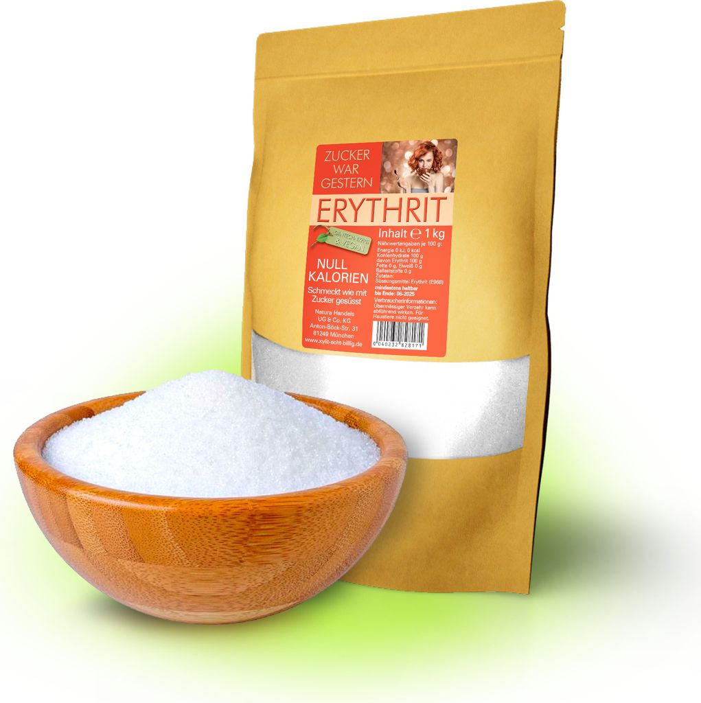 1kg Erythrit Premium | 1kg Standbeutel | zuckerfreie Tafelsüße | 0 Kalorien | vegan | 70 % Süßkraft von Zucker | ohne Gentechnik