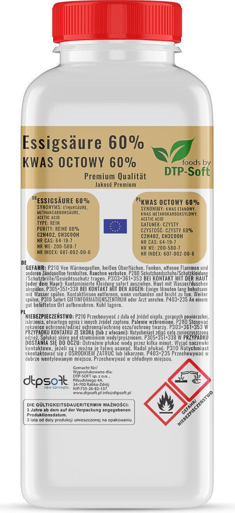 1l Acetic acid 60% | 1kg | Vinegar essence 1 liter