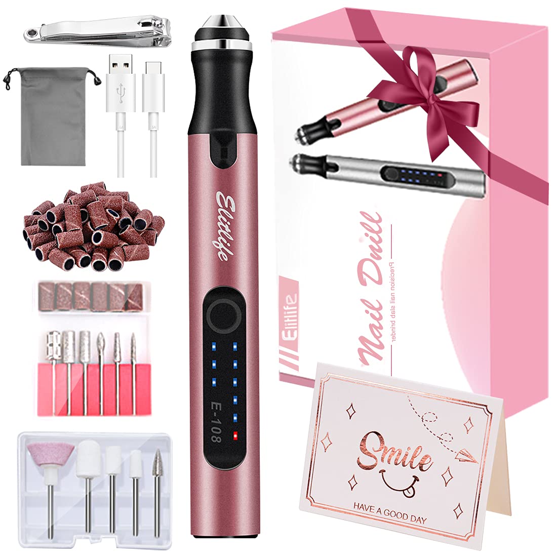 Elitlife Electric Nail File, Nail Cutter for Gel Nails, 12 in 1 Professional Electric Nail File, USB Manicure Pedicure Set with Sanding Bands and Nail Drills for Nail Studio DIY on Travel (Pink), ‎rosa