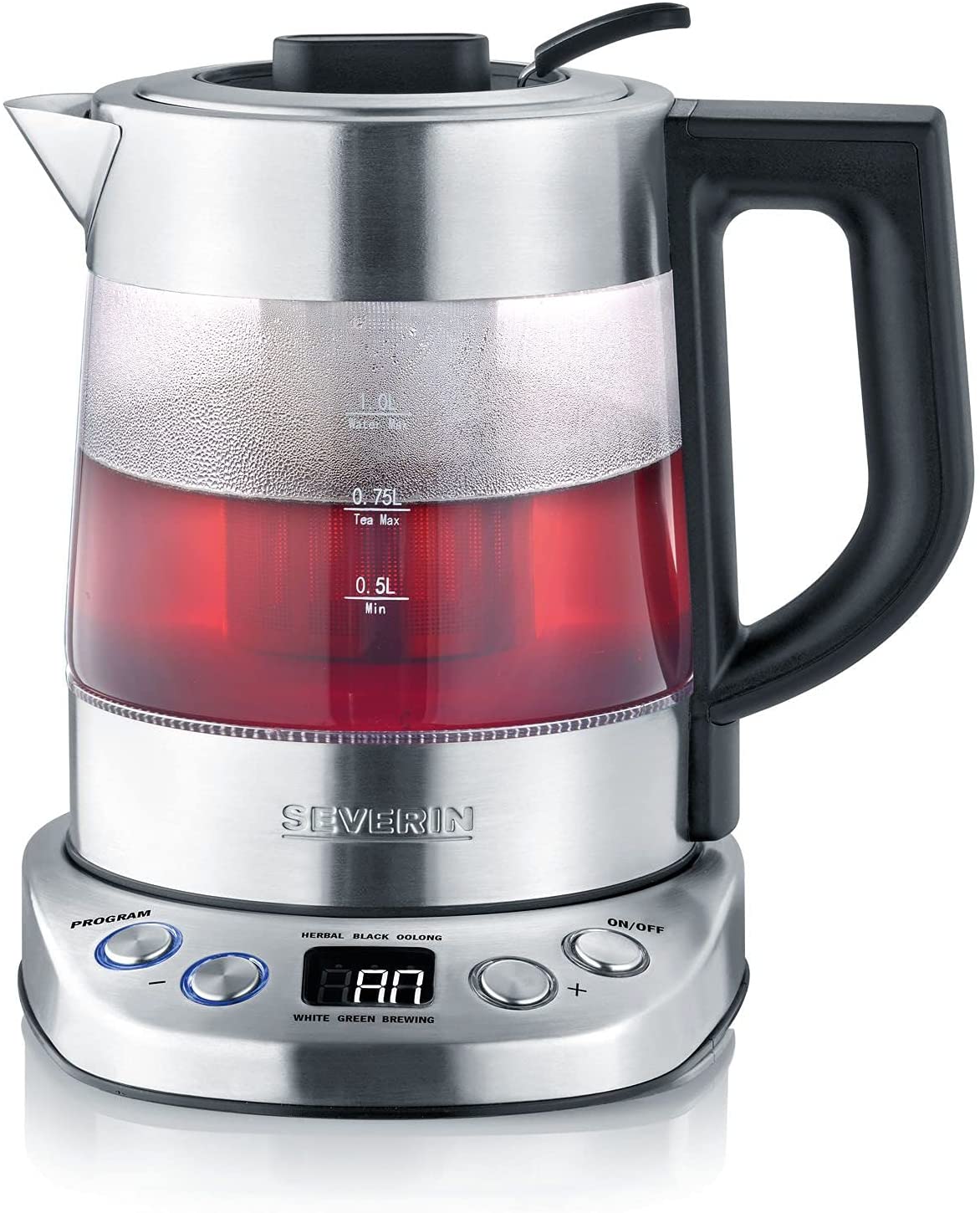 Severin WK 3473 Glass Tea / Kettle Deluxe Mini (Approx. 2,200 W, with Temperature Regulator, for 1 L of Water / 0.75 L Tea), Stainless Steel, Black