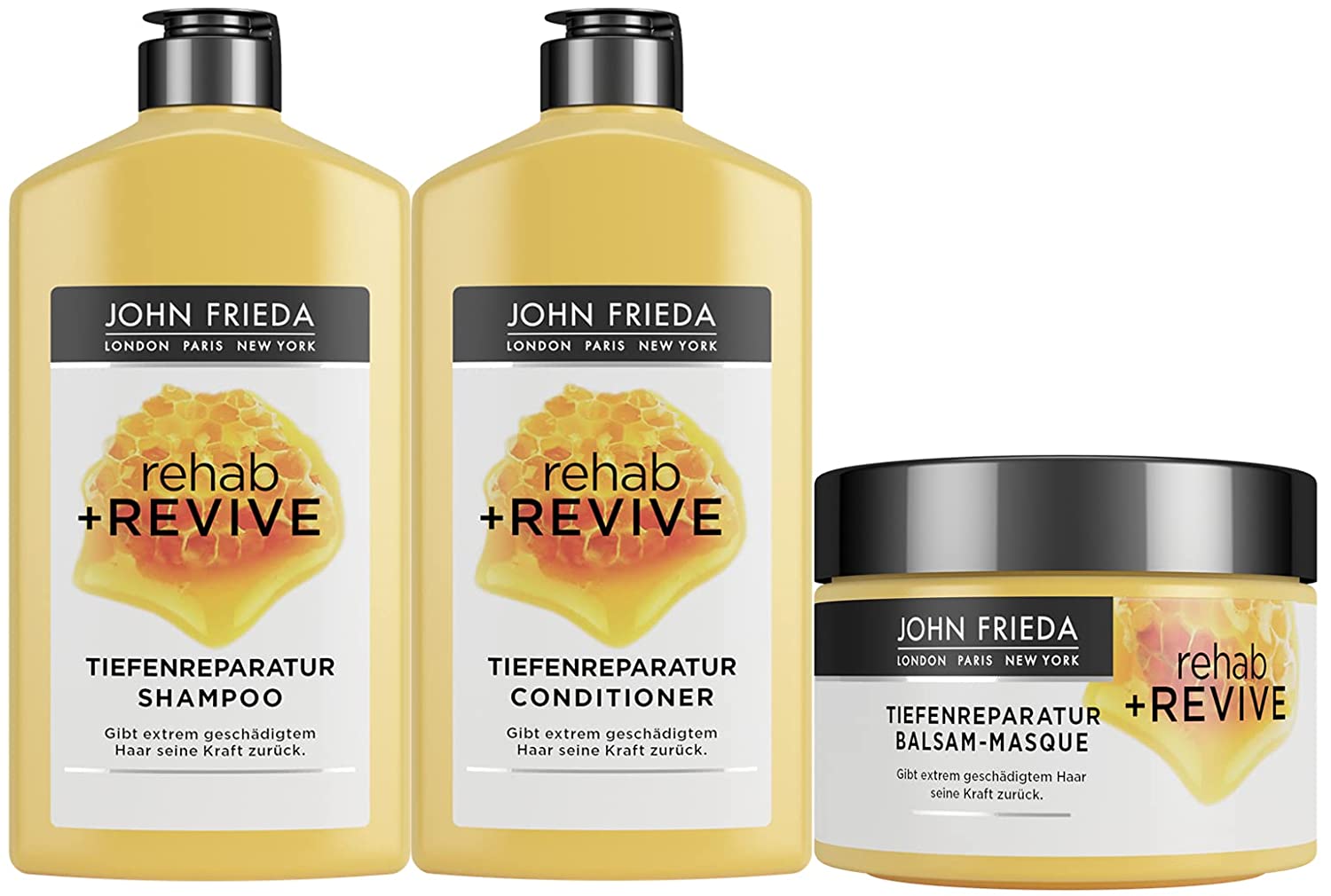 John Frieda Rehab + Revive Complete Set for Extremely Damaged Hair - Shampoo, Conditioner and Treatment - Deep Repair for Hair - Set 750 ml
