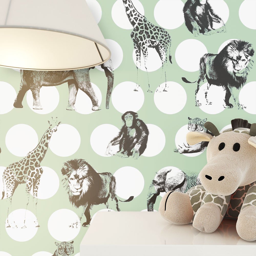 Newroom Design Newroom Grey Green Non-Woven Wallpaper For Children Kids, Spots, Animals Fu