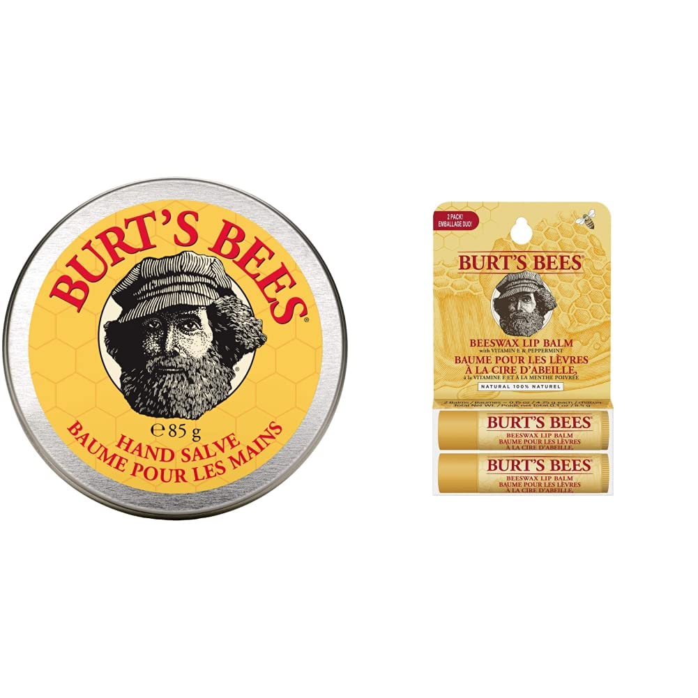 Burt\'s Bees 100% Natural Hand Ointment, 85g Jar & 100% Natural Moisturising Lip Balm in Affordable 2 Pack, Beeswax, 2 Tubes in Blister Box, 8.5g