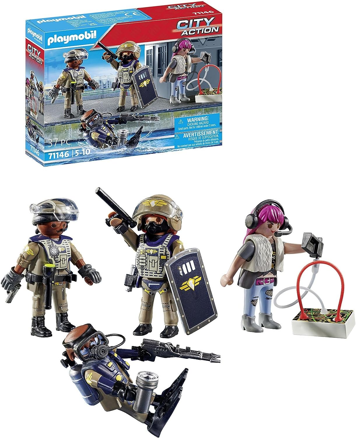 PLAYMOBIL City Action 71146 SWAT Figure Set, SEK Diver, SEK Task Force, SEK Manager and a Villain, Toy for Children from 5 Years