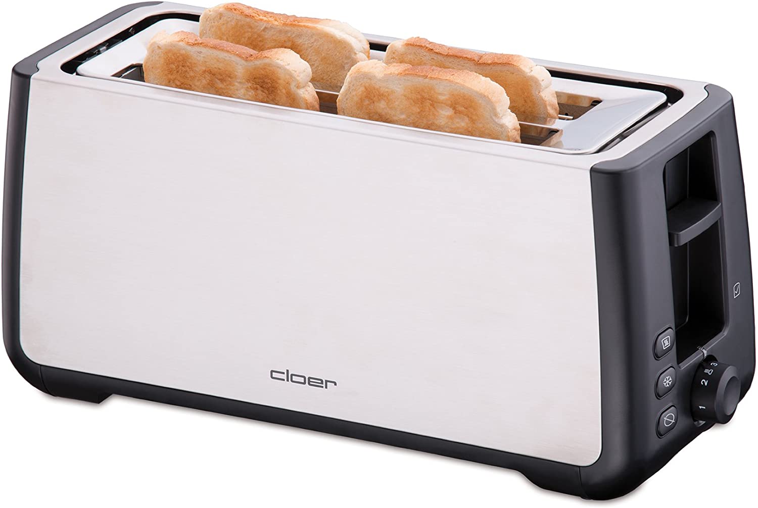 Cloer 3579 King-Size Toaster for 4 XXL Slices / Check Function / Stainless Steel Housing / 1500 Watt / Black Plastic
