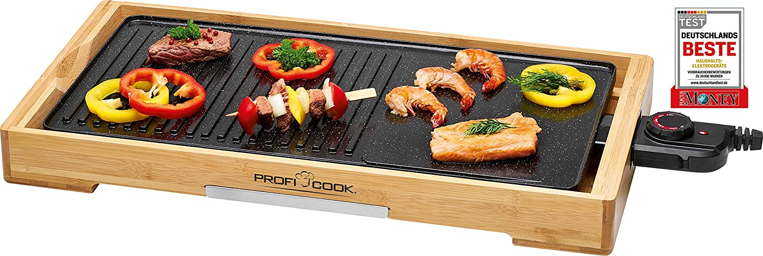 ProfiCook PC-TYG 1143 Teppanyaki Grill, Scratch-Resistant Ceramic Coating, Large Grill Surface, Fully Adjustable Thermostat, Removable Stainless Steel Grease Tray, Wood/Black