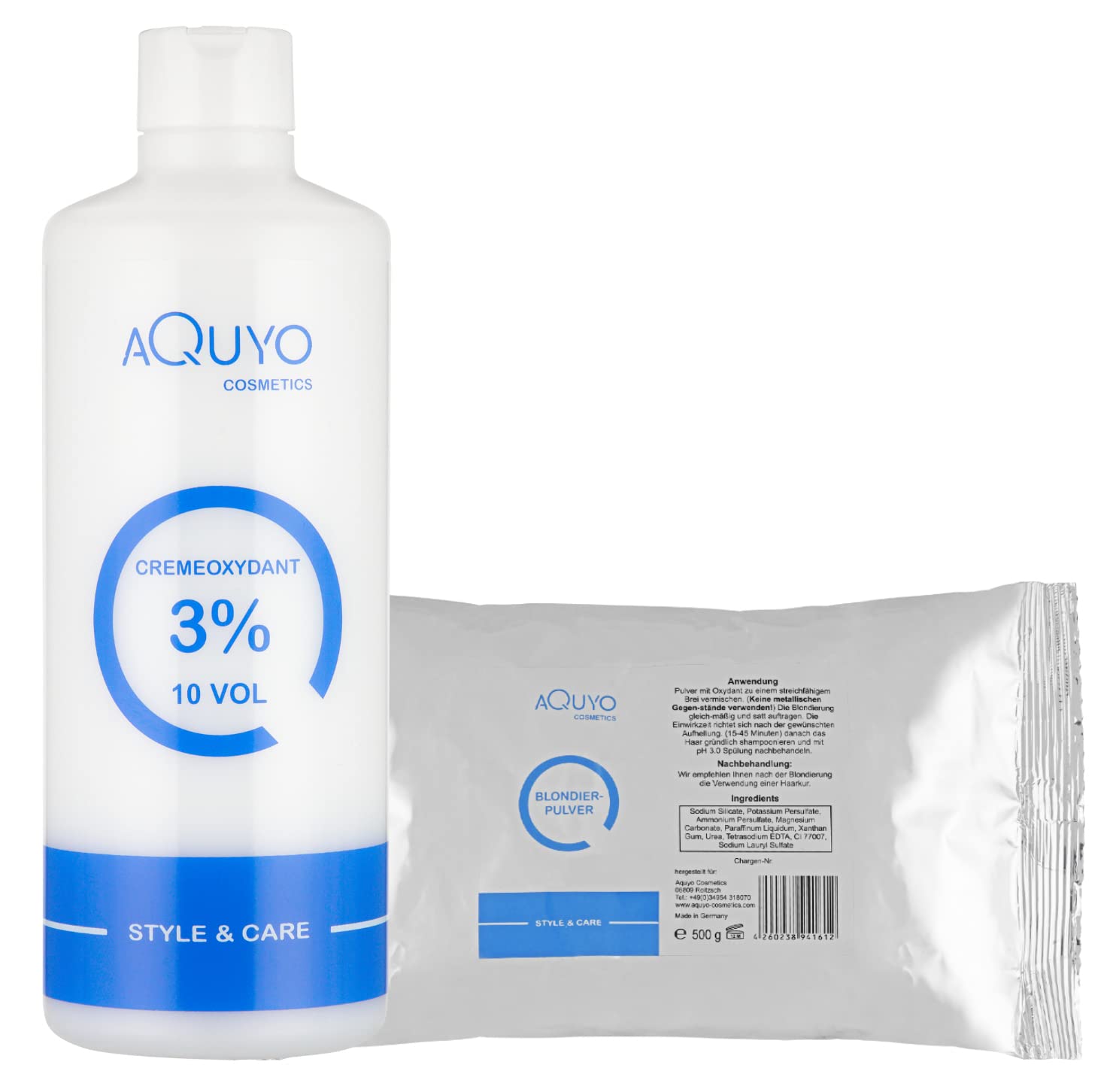 AQUYO Style & Care Bleaching Powder 500 g + Cream Oxydant Developer 3% (500 ml) for Bleaching or Brightening Hair | Set Bleaching Powder and Hydrogen Peroxide H2O2, ‎white blue