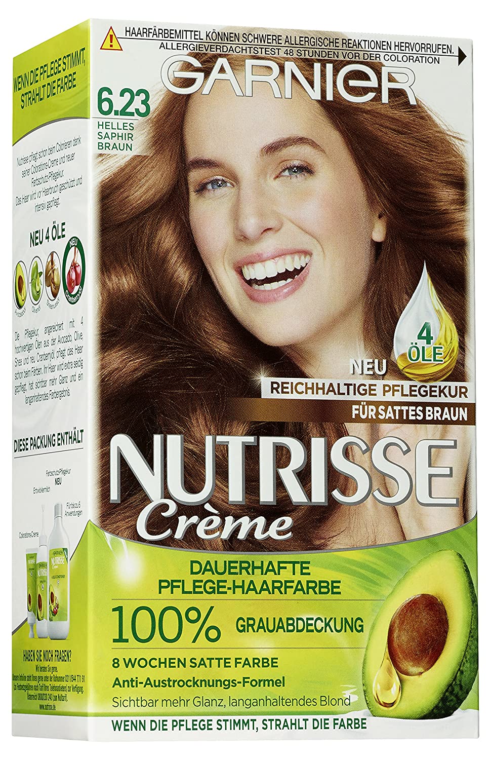 Garnier Creme Colouration Hair Colouring for Permanent Hair Colour, with 3 Nourishing Oils, Nutrisse, Light Sapphire Brown 6.23, 3 x 1 Piece, ‎light