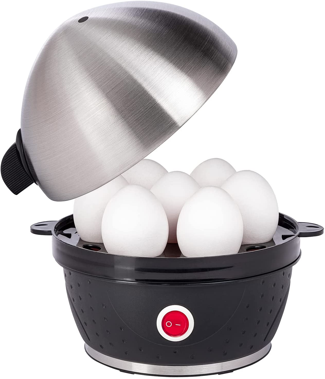 Slabo Electric egg cooker made of stainless steel, 1 egg - 7 eggs, breakfast egg, integrated overheating protection, egg cooker, sound signal, indicator light, measuring cup with lancing aid, 380 watts, black