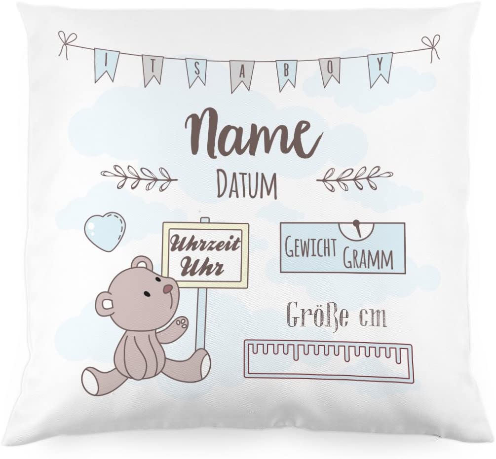 Striefchen® Cushion as a gift for christening or birth with name and date - teddy bear - baby gift or birth pillow boy
