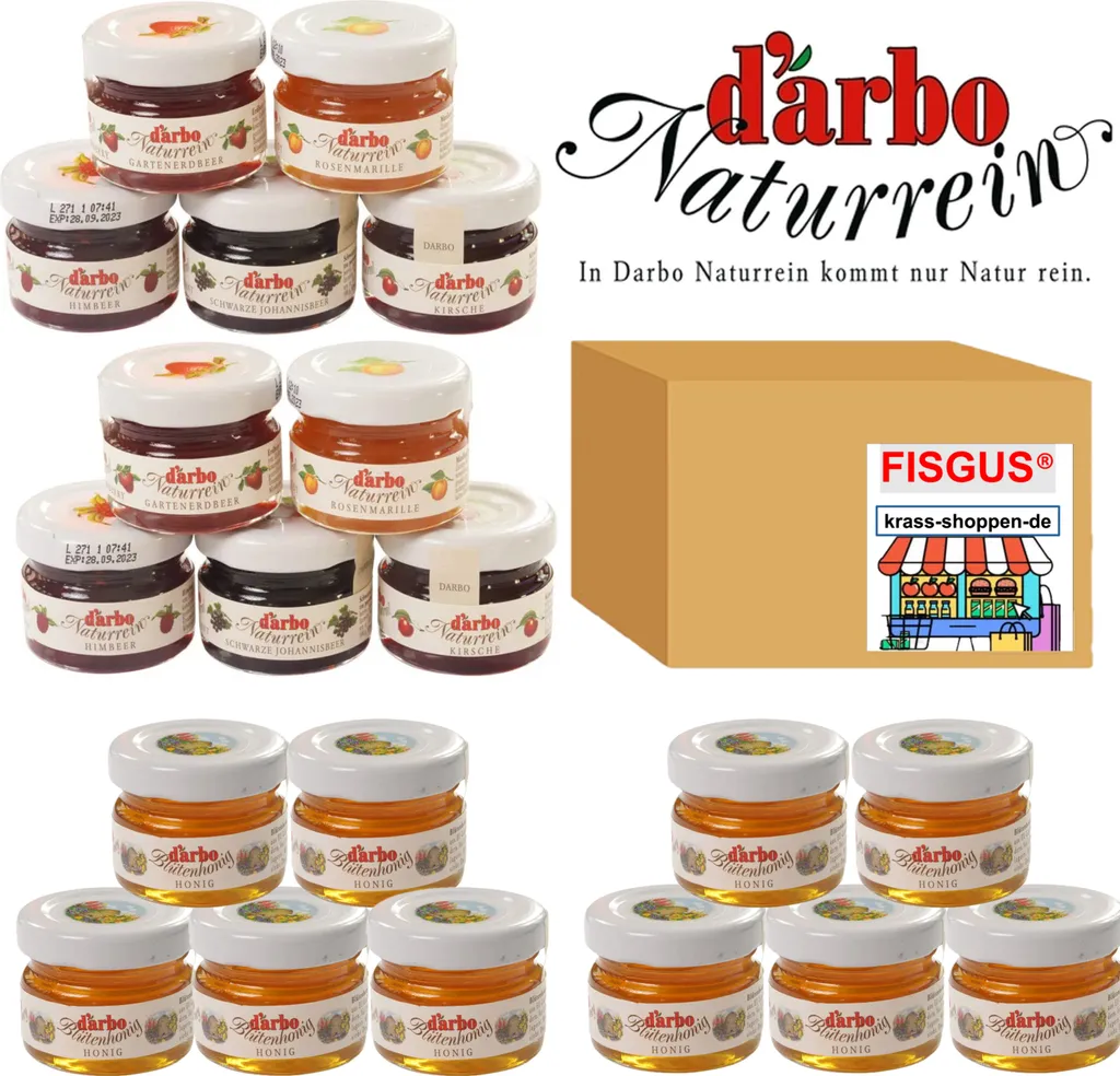 20 x Darbo leckerer Frühstücks Mix - 10 Mini Gläser Darbo Konfitüre (5 Sorten) & 10 Mini Gläser Darbo Blütenhonig. Je Mini Glas 28g.