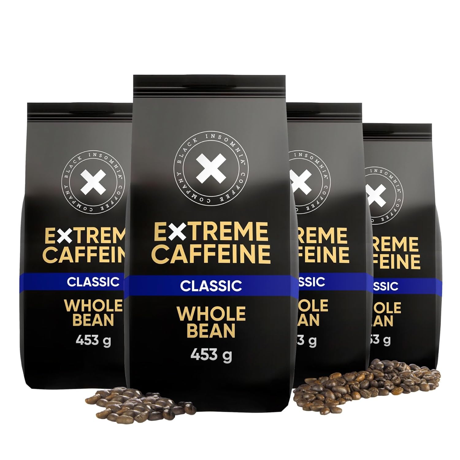 4 x Black Insomnia coffee beans extra strong I 1105mg caffeine per cup - strongest coffee in the world I 100% Robusta beans I Classic, medium roast, low acidity I 4 x 453g (Classic, 4 x 453g)