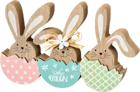 Wooden bunny trio eggshell, mint-pink-blue, 1 pc