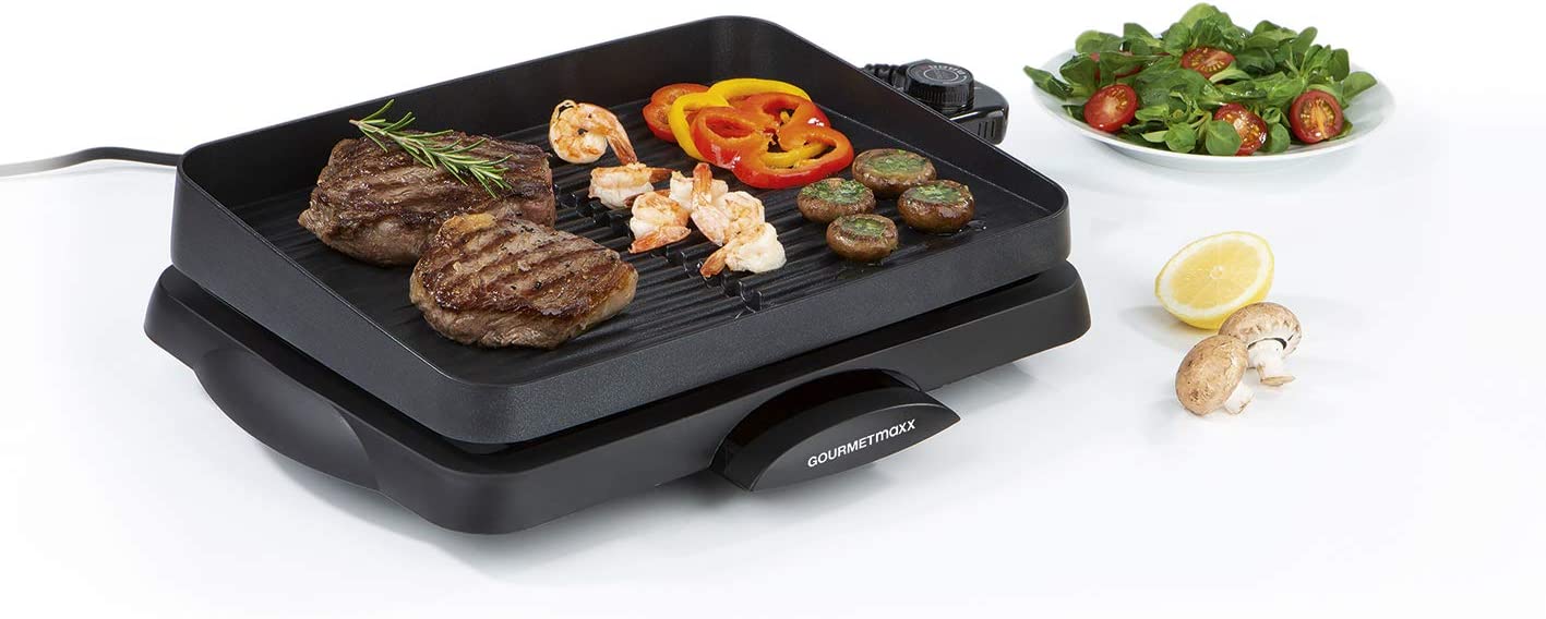 GOURMETmaxx Electric Table Grill with Cast Aluminium Grill Surface, Smoke-Free Suitable for Indoor and Outdoor Use, Non-Stick Coating and with a Grease Tray 1500 W [Black]