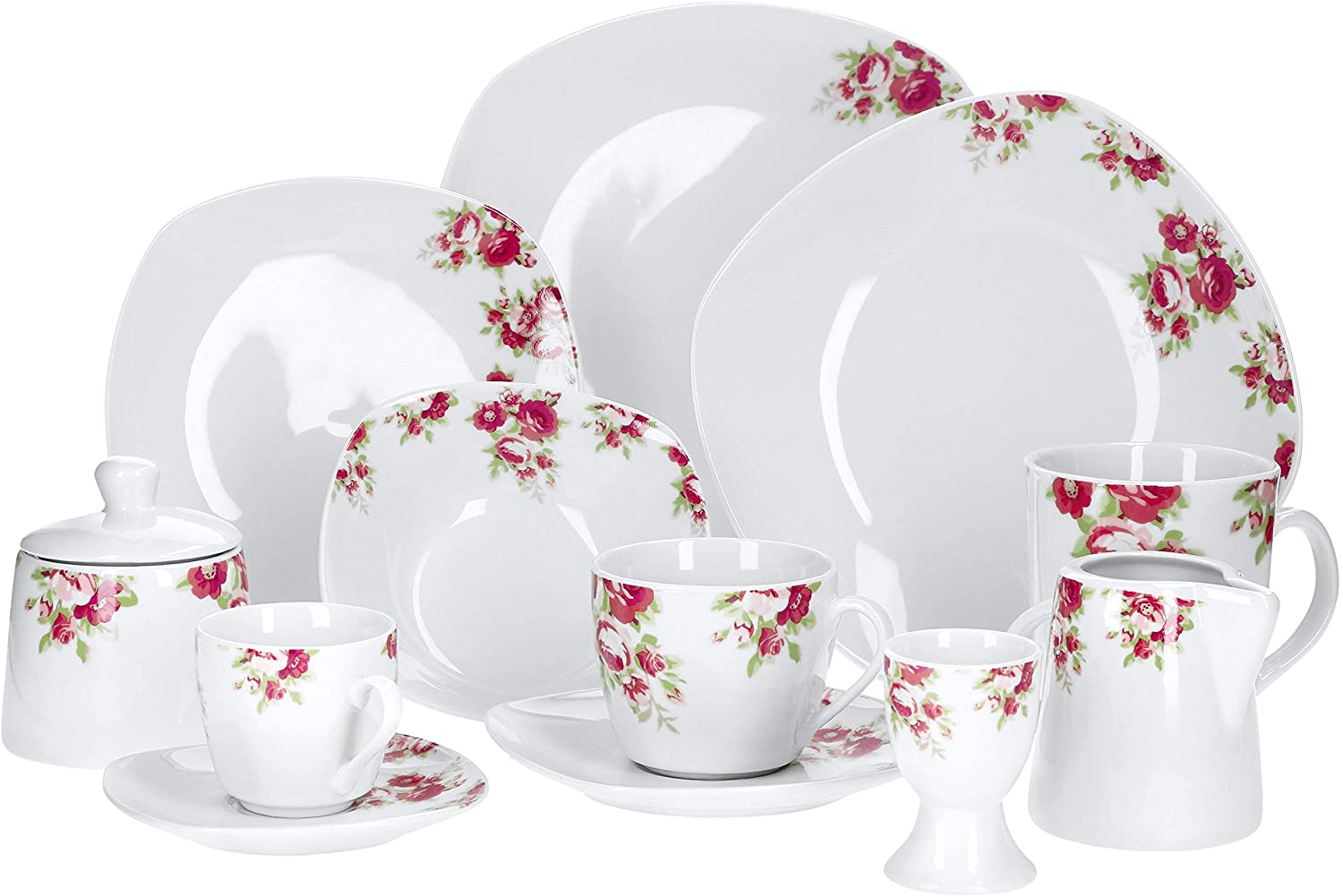 Van Well 62-TLG. Rosentraum I Dinner Service Festive Tableware 6 Pers. Plate set, coffee table and accessories, fine porcelain, gastro quality.