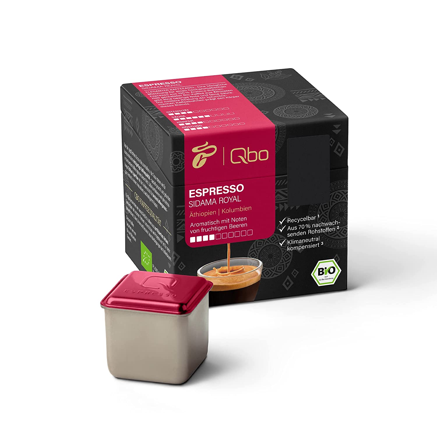 Tchibo Qbo Espresso Sidama Royal Premium Kaffeekapseln, 8 Stück (Espresso, Intensität 4/10, aromatisch und fruchtig), nachhaltig, aus 70% nachwachsenden Rohstoffen & klimaneutral kompensiert