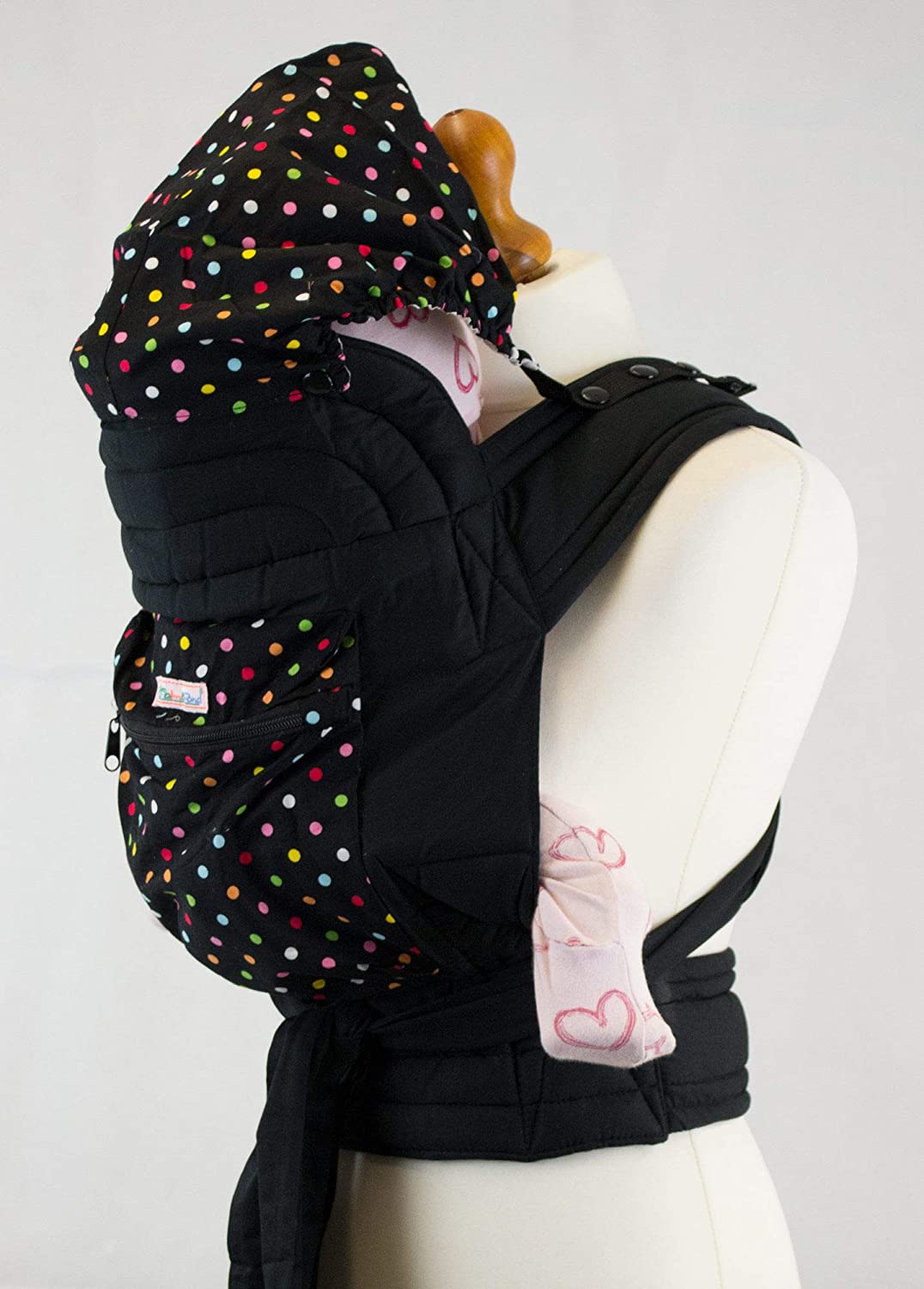 Palm and Pond Mei Tai Baby Carrier with Hood and Pocket – Black With White Polka Dot Design