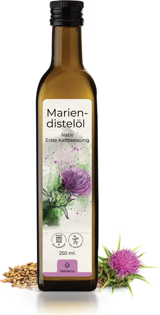 250ml Mariendistelöl I unraffiniert I frisch kaltgepresst bis zu 35°C aus Erstpressung I Rohkostqualität I 100% reines, natürliches Speiseöl I nativ