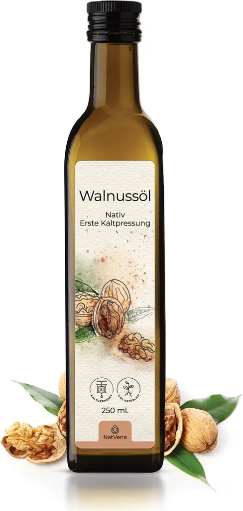 250ml Walnussöl I unraffiniert I frisch kaltgepresst bis zu 35°C aus Erstpressung I Rohkostqualität I 100% reines, natürliches Speiseöl I nativ