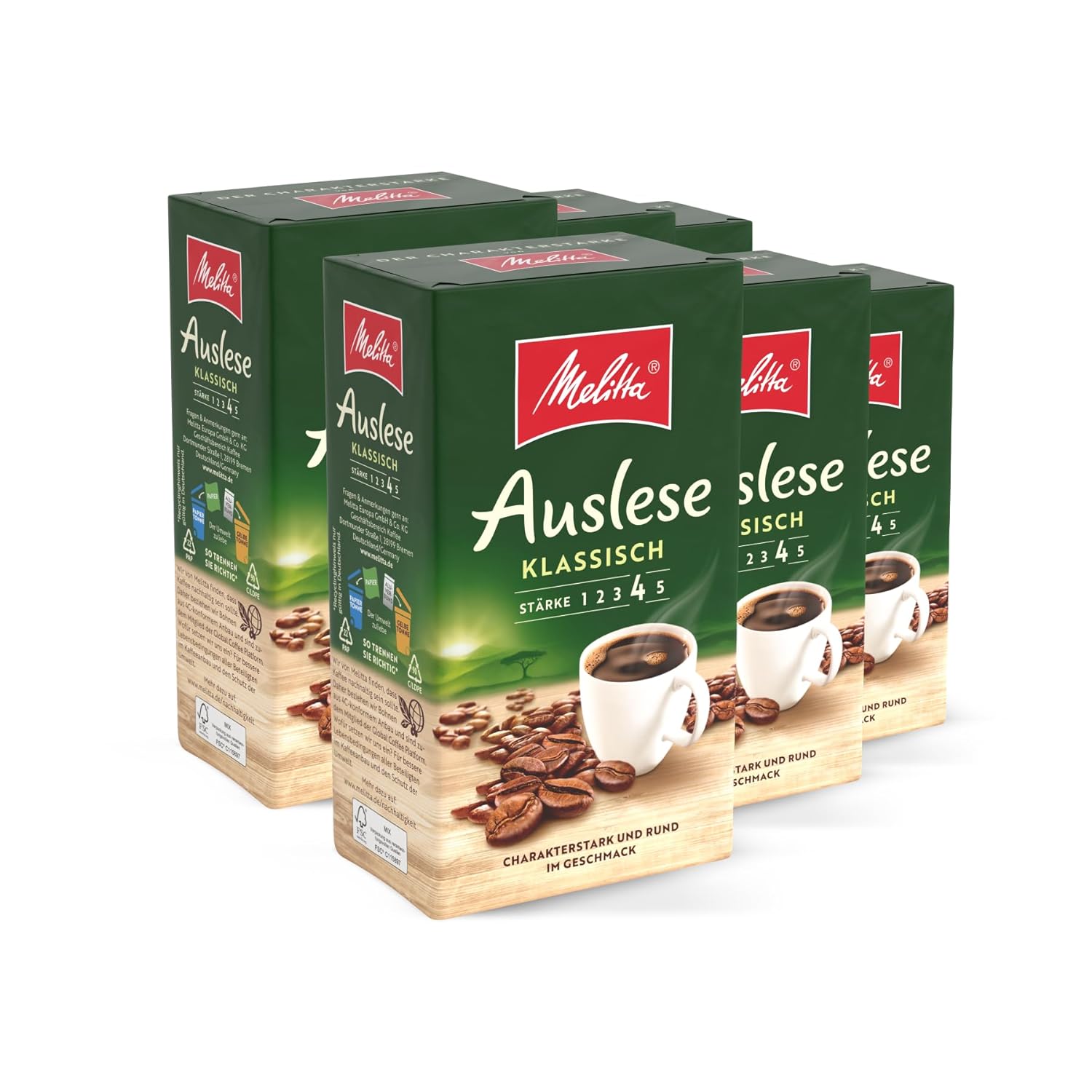 Melitta Auslese Filter Coffee 6 x 500 g, Ground, Powder for Filter Coffee Machines, Strong Roasting, Roasted in Germany, in Tray