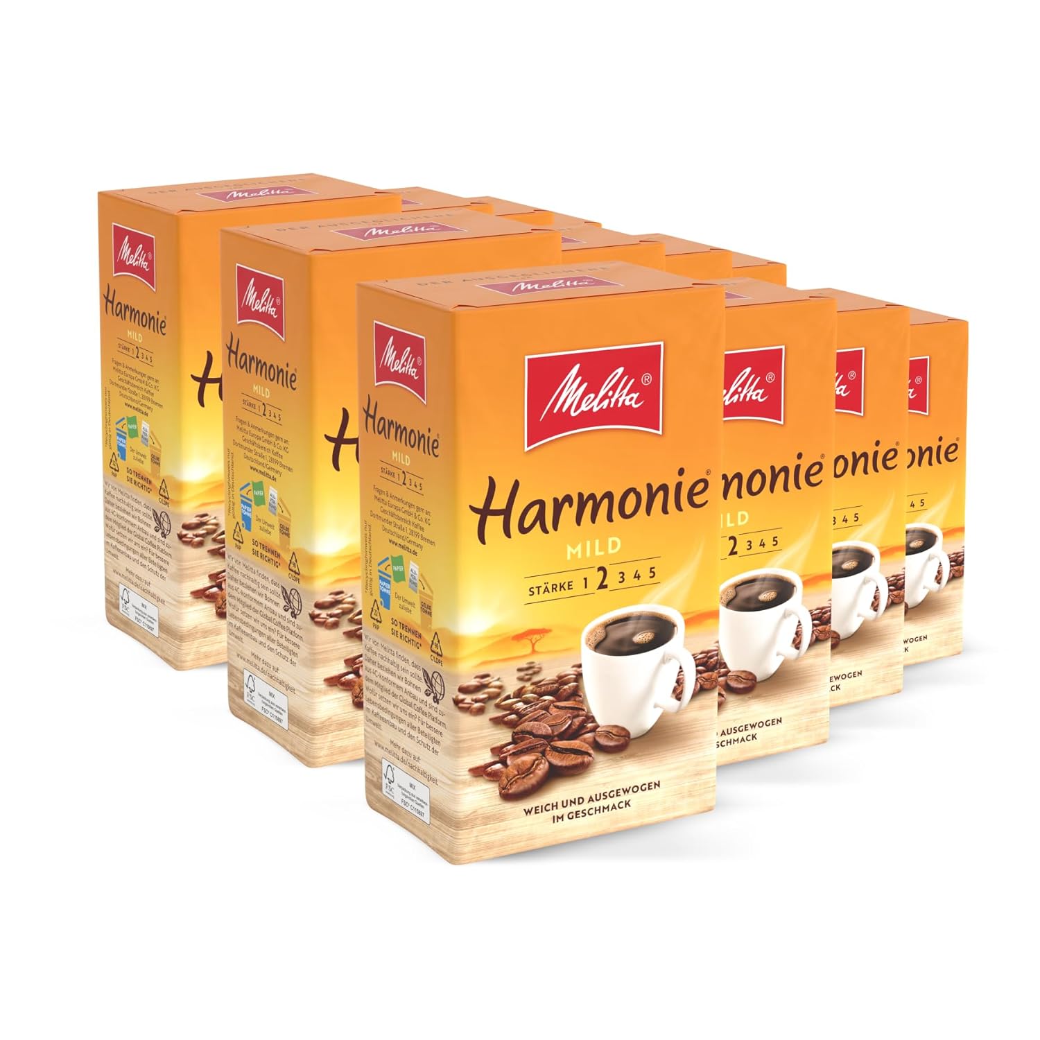 Melitta Harmonie Mild Filter Coffee 12 x 500 g, Ground, Powder for Filter Coffee Machines, Mild Roasting, Roasted in Germany, in Tray